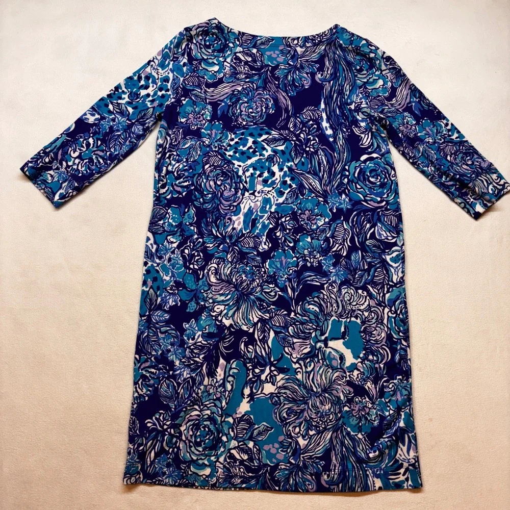 Lilly Pulitzer Dress XL 12-14 Blue Floral 3/4‎ Sleeve Gold Buttons Rayon Spandex